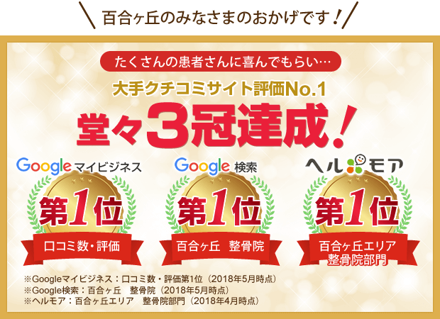 たくさんの患者さんに喜んでもらい...大手クチコミサイト評価No.1　堂々３冠達成！